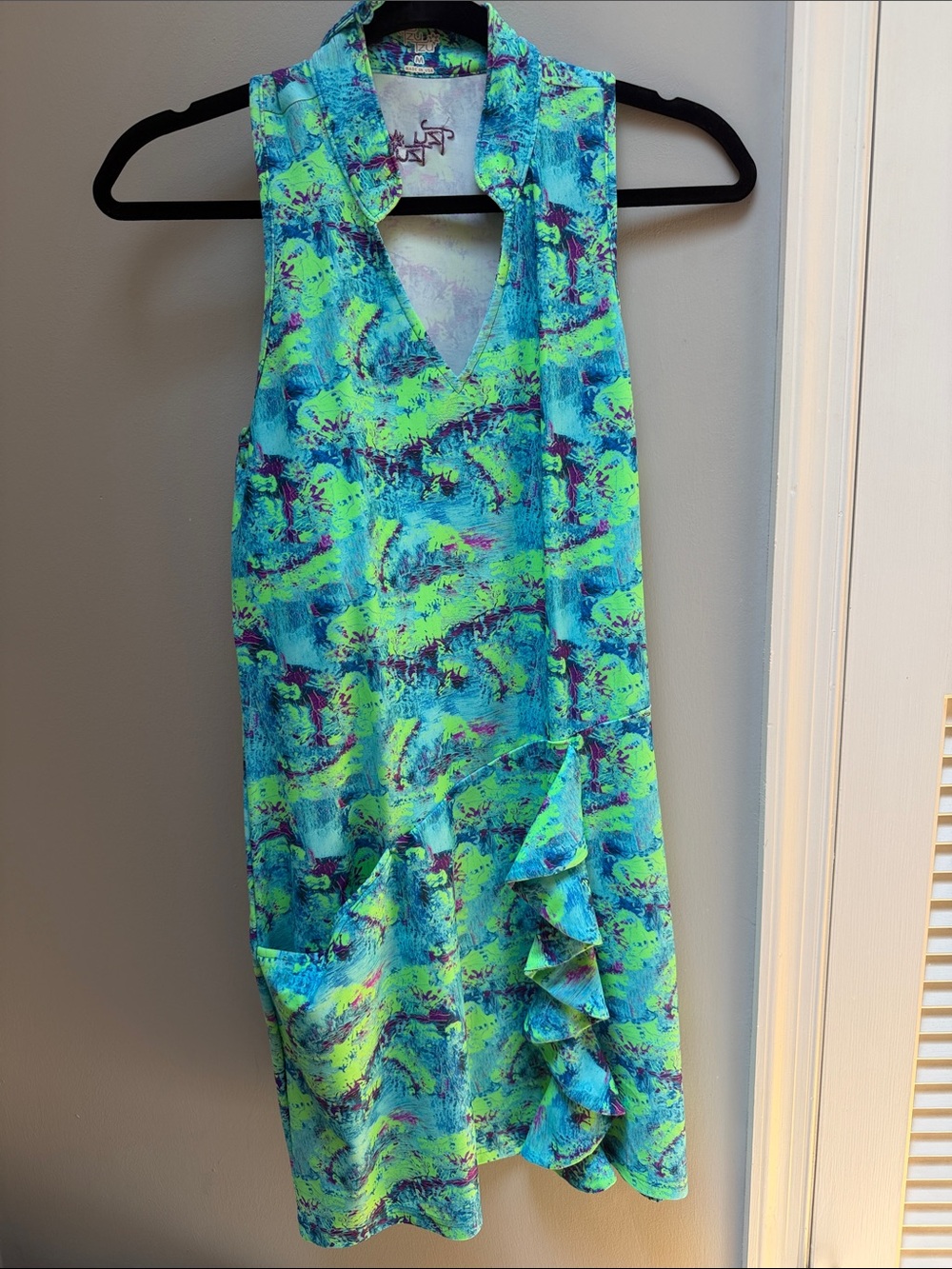 Vibrant TzuTzu Aqua & Lime Sleeveless Ruffle golf or pickleball dress